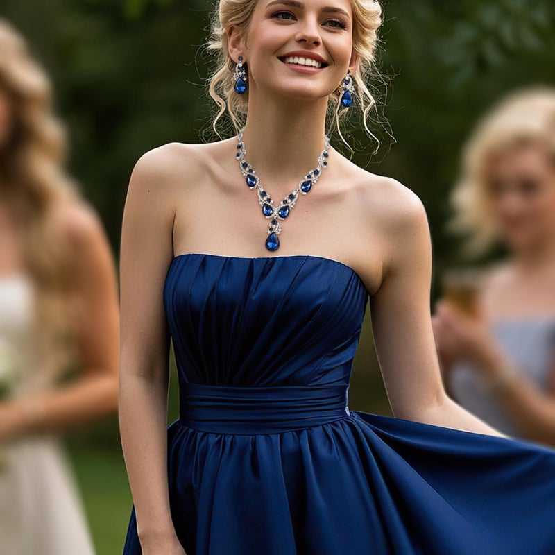 BriLove Wedding Bridal Jewelry Set for Women Multi Teardrop Cluster Crystal Statement Necklace Dangle Earrings for Party Accessories Navy Blue Sapphire Color Silver-Tone. - Image 2